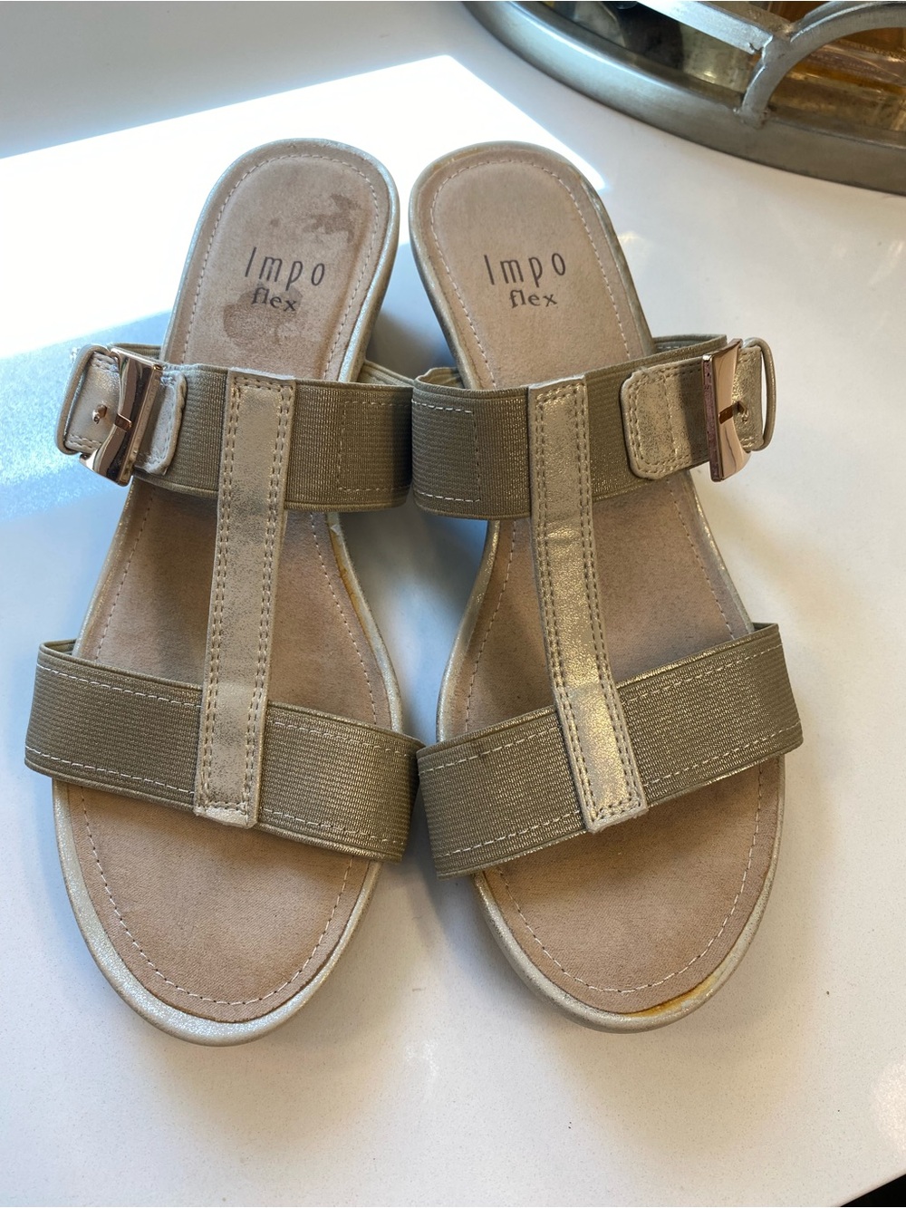 Impo Tan Metallic Strap Slide Sandals